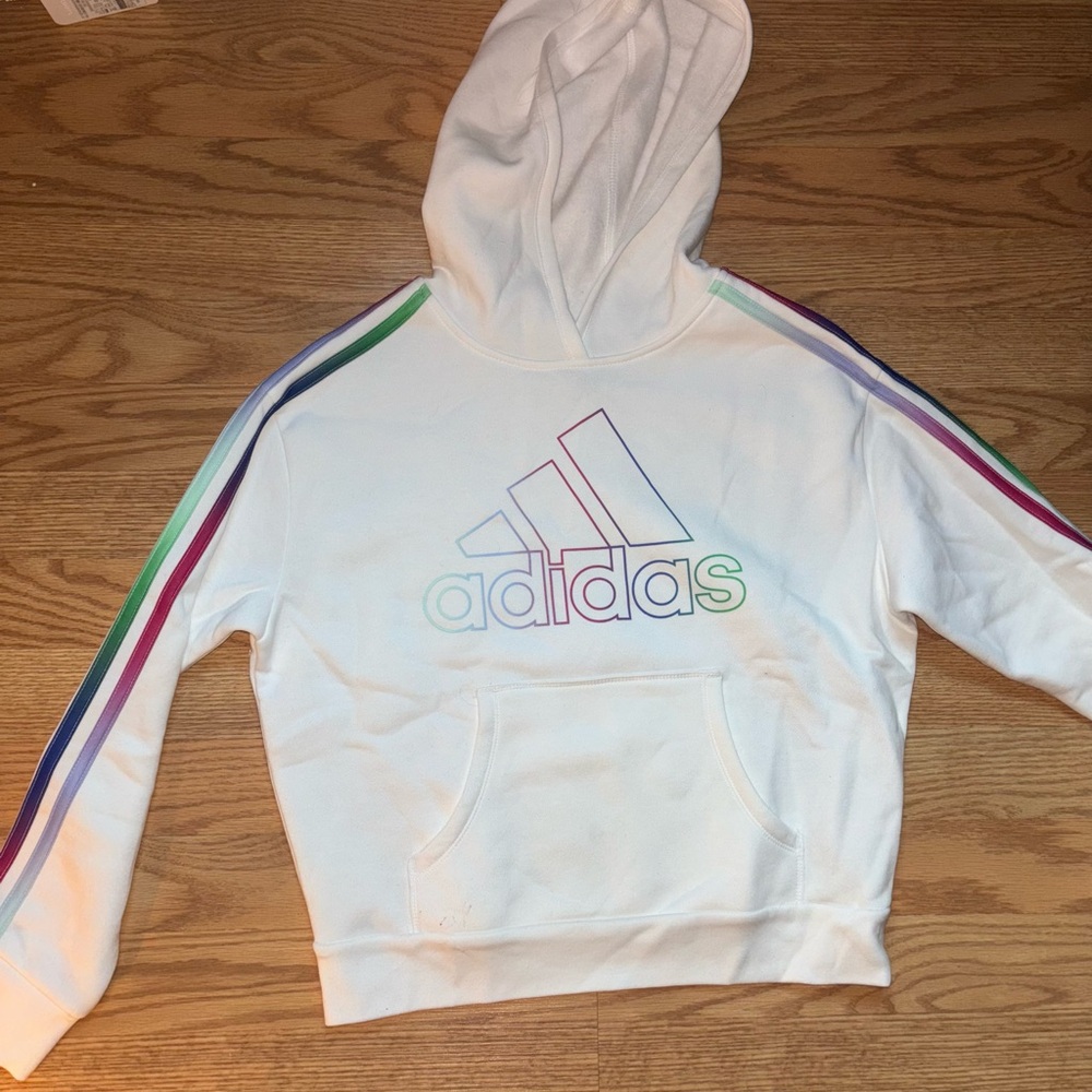 Adidas Kids White Hoodie with Multicolor Stripes